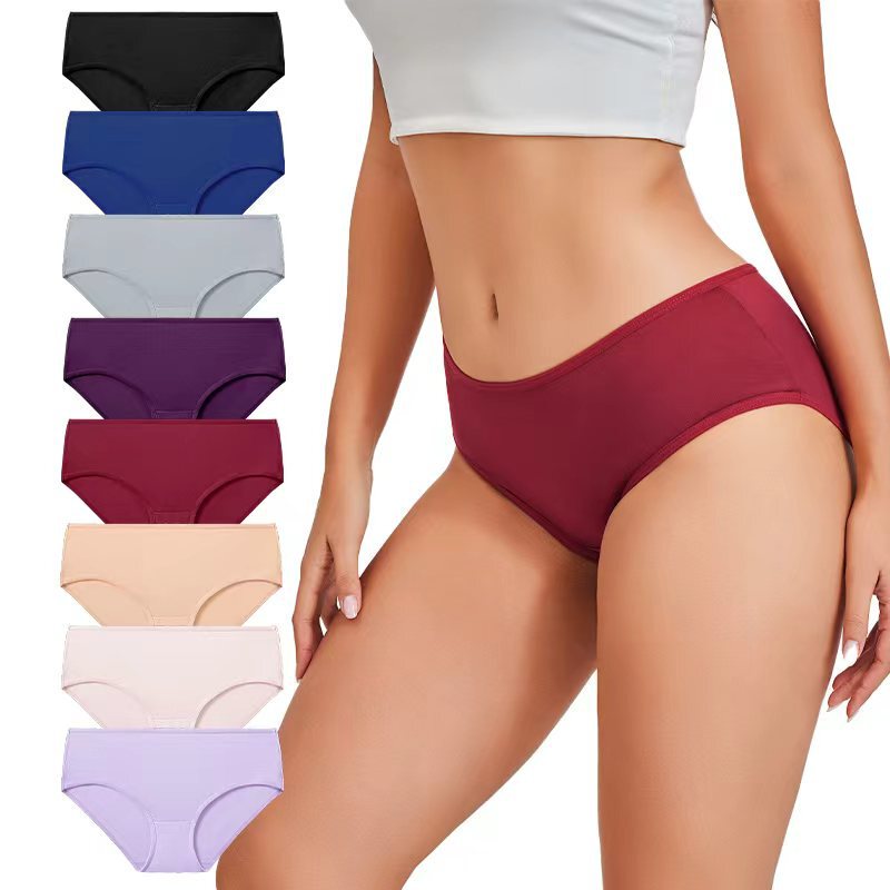 Amazon Cross-Border Mid-Waist Plus-Size Thin Breathable Double-Layered Briefs Solid Color Women's Daily Sleep Underwear