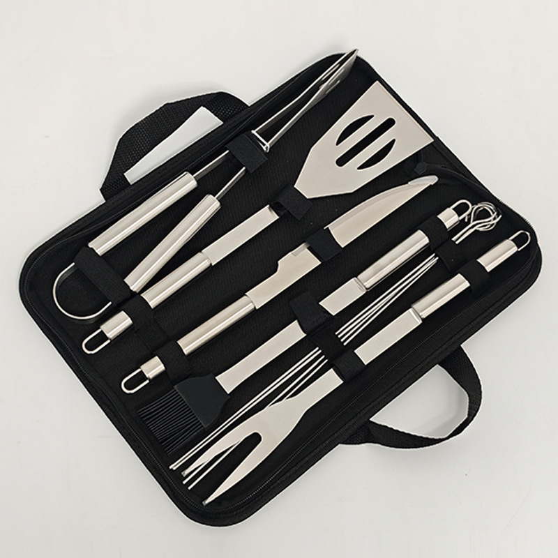 Spot juego de utensilios para hornear de acero inoxidable de nueve piezas combinación barbacoa al aire libre bolsa de tela portátil para hornear juego de herramientas para barbacoa bbq