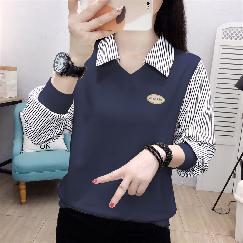2025假两件条纹衬衫女长袖秋季宽松小众设计感拼接针织POLO领上衣|undefined