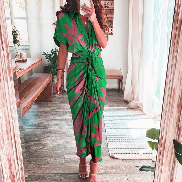 Regular Fit Fit Type Stripe Pattern Summer, Spring Season Wholesale Women'S Vintage Style Printing Stripe Holiday V Neck Short Sleeve Irregular Skirt