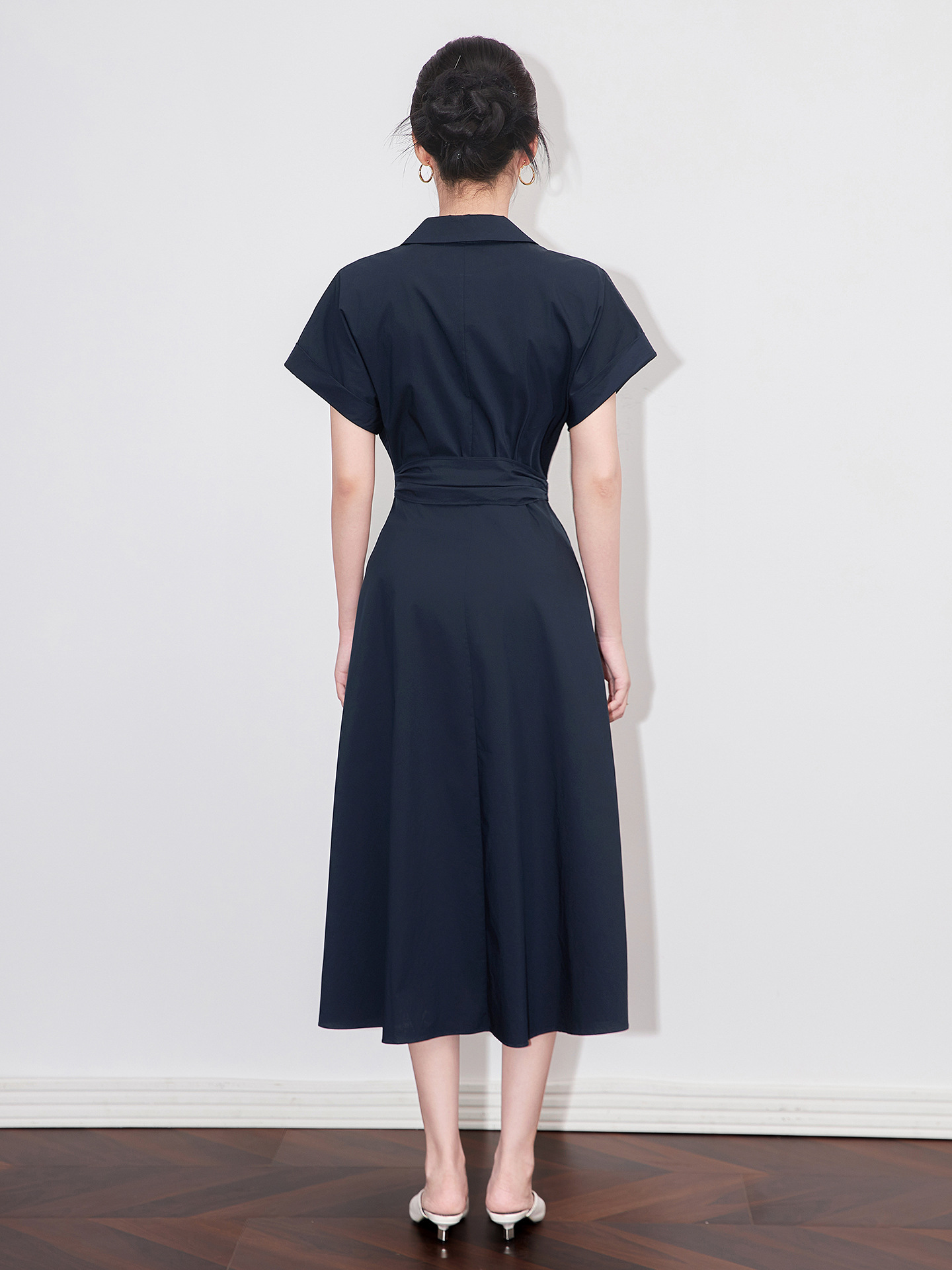 Đầm maxi nữ cổ bẻ thắt eo phong cách công sở mùa hè — Màu xanh navy