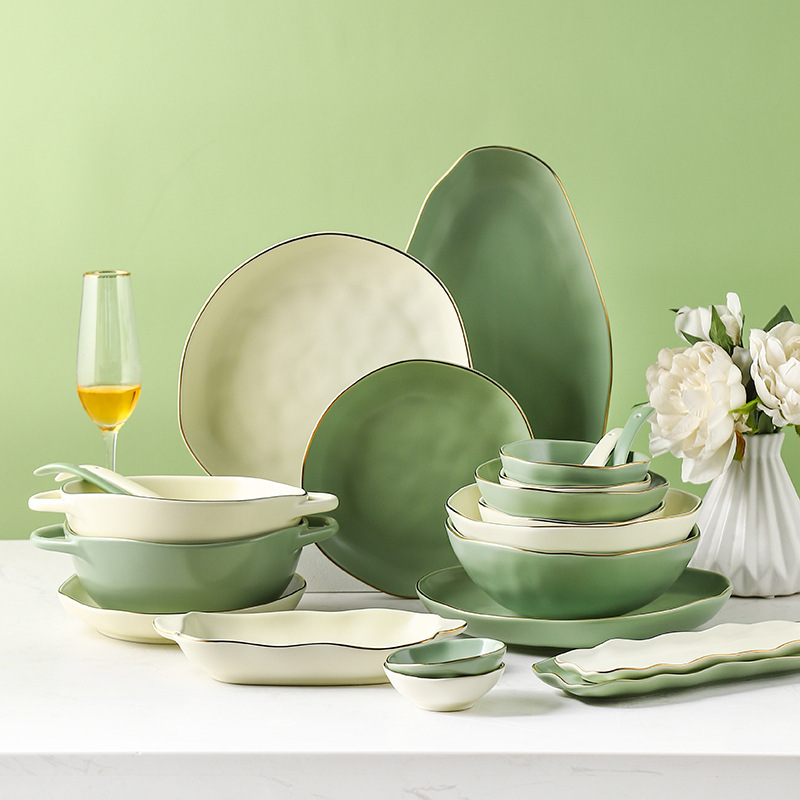 Tableware ceramic dishes set household full set of color glaze microwave oven gold edge semi matte Net red tableware wholesale