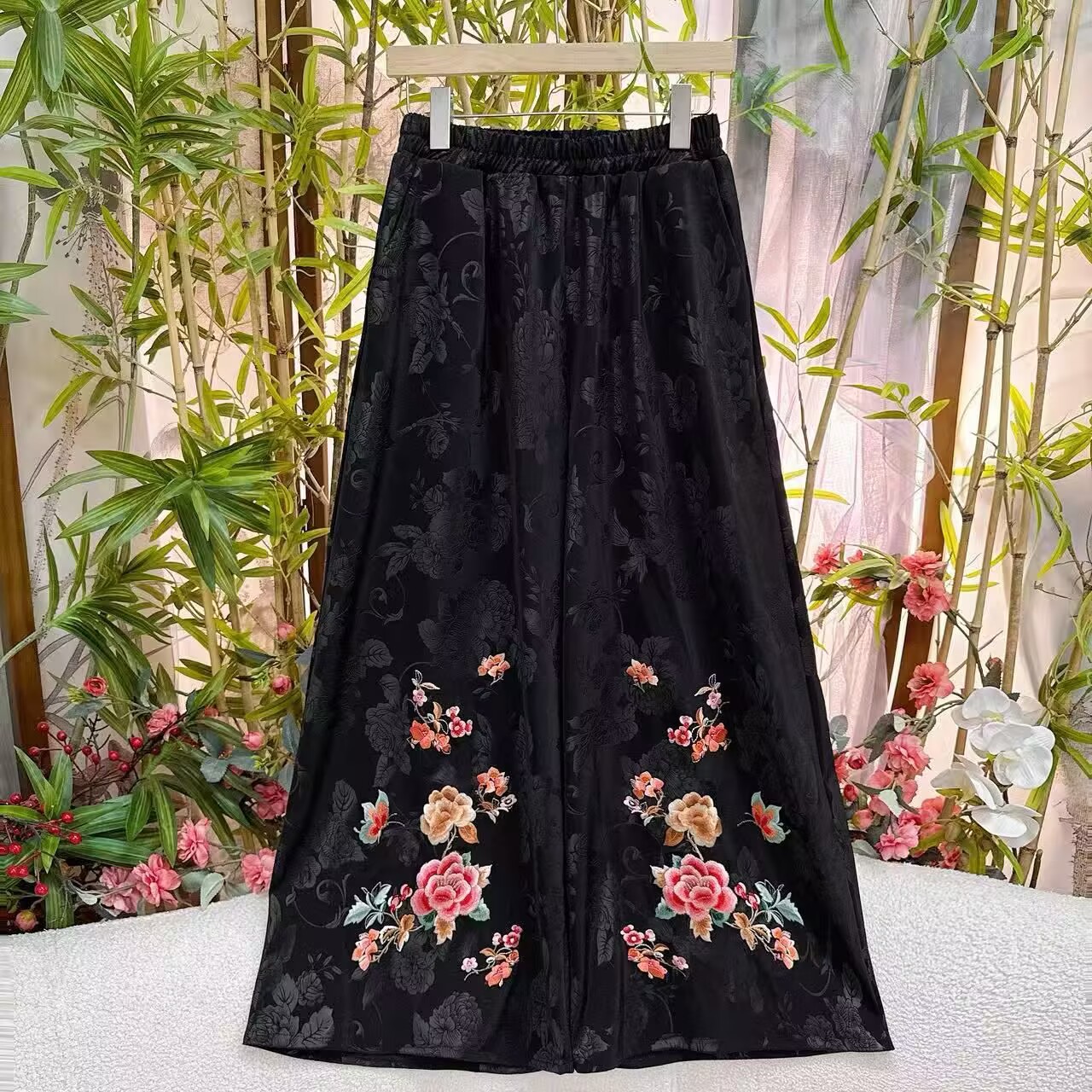 2026 Spring New Style Elastic Waist Plus-Size Slimming Casual Pants Solid Color Ethnic Style Embroidered Satin Jacquard Wide-Leg Pants