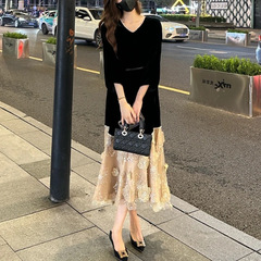 2025法式气质连衣裙女秋季新款时髦洋气中长款拼接长裙拼色裙子女