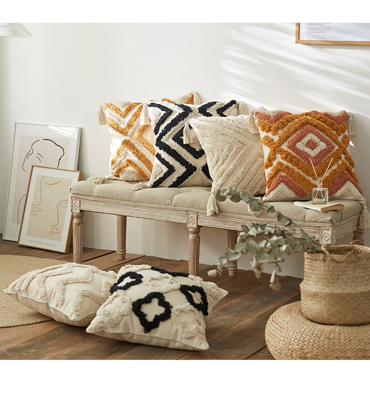 跨境专供摩洛哥民族风簇绒几何刺绣流苏波西米亚抱枕套靠垫亚马逊