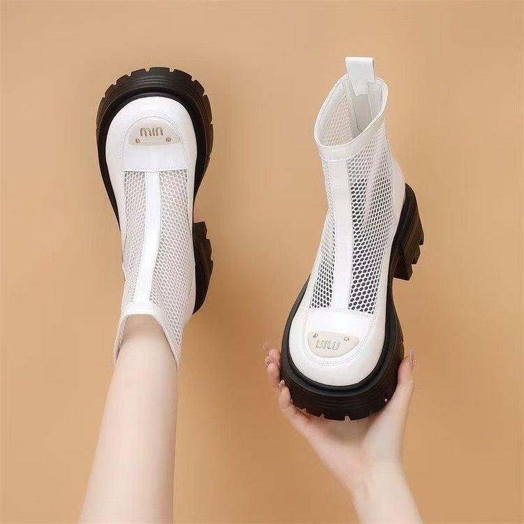 2025 primavera y verano nuevas botas de red huecas de suela gruesa de estilo de mujer respirable de malla de talón medio de moda con cremallera trasera personalidad botas frías