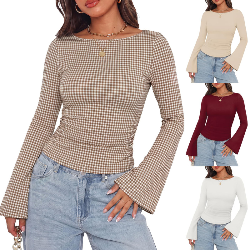 2026 Cross-Border Amazon Foreign Trade Women's Bell-Sleeve Top with Off-The-Shoulder Ruffled Ribbed Long-Sleeve Autumn Shirt 2026 Cross-Border Amazon Foreign Trade Women's Bell-Sleeve Top with Off-The-Shoulder Ruffled Ribbed Long-Sleeve Autumn Shirt