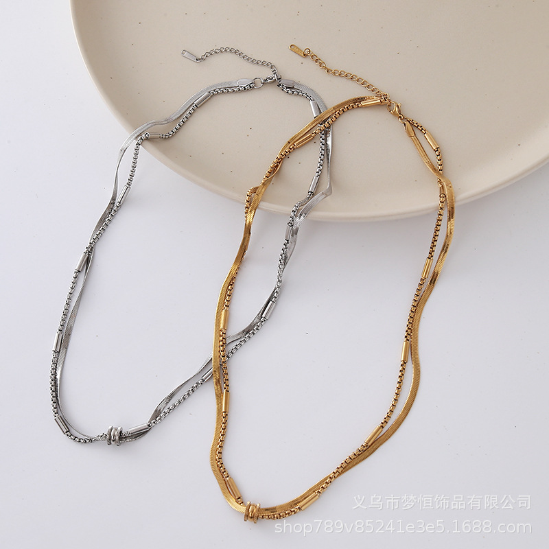 Titanium Steel Necklace with Original Double-Strand Design, Gold-Colored Layered French-Style Unisex Pendant with a High-End Feel, Collarbone Chain