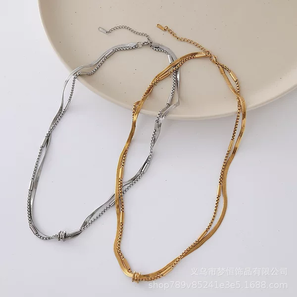Titanium Steel Necklace with Original Double-Strand Design, Gold-Colored Layered French-Style Unisex Pendant with a High-End Feel, Collarbone Chain