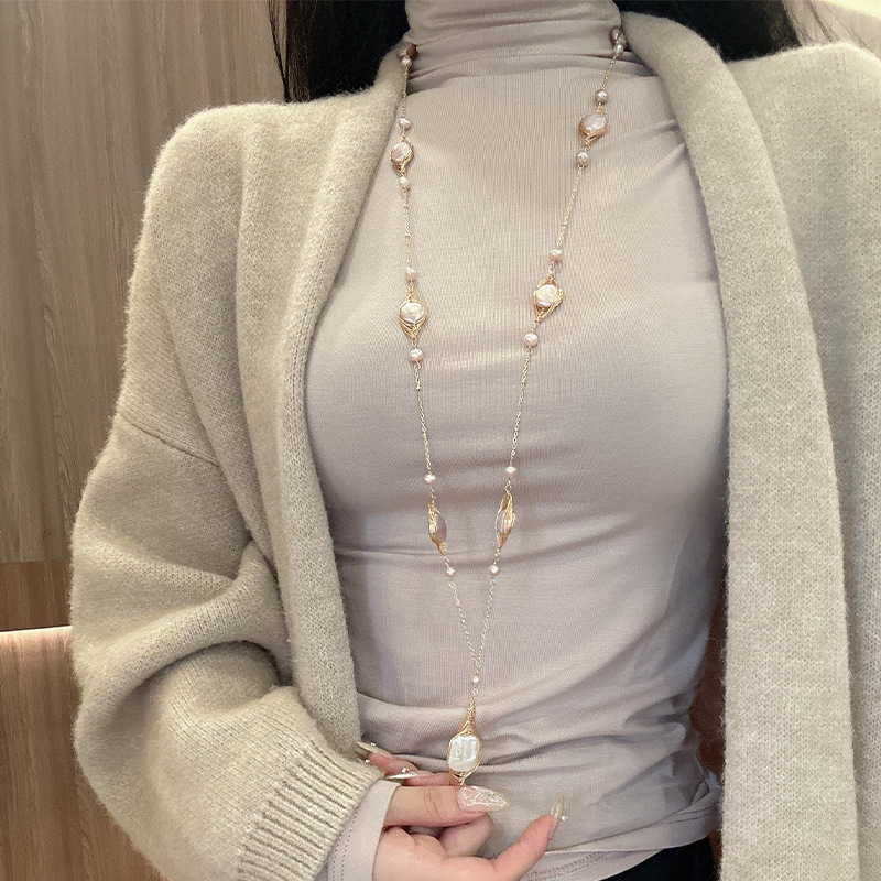 ¡Alta calidad! Cadena de suéter de perlas naturales de alto grado collar de cuello largo elegante de todas las mujeres 18K galvanoplastia de oro real