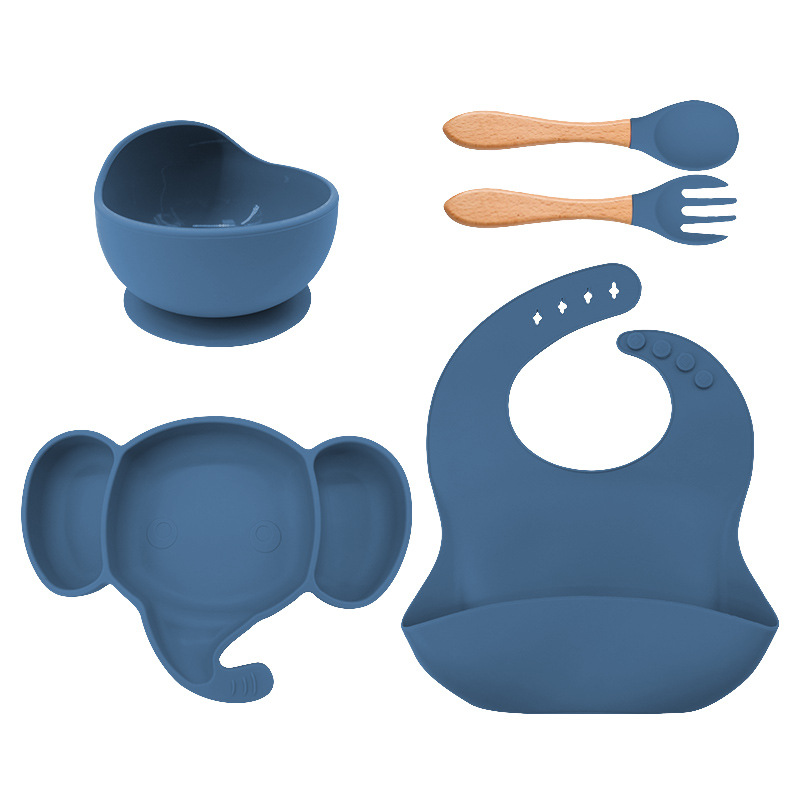 Plato de cena de silicona para niños tenedor cuchara traje de babero suministros maternos e infantiles traje de vajilla de alimentación infantil de grado alimenticio de silicona