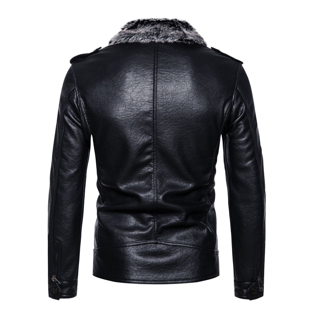 New fur one-piece PU motorcycle lapel men's plus velvet thick leather jacket_voghion.com