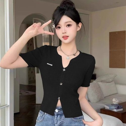 French Short-Sleeve Top with High-End Grey V-Neck Ice Silk Knit Dress Shirt for Women - Summer Fitted Slimming T-Shirt