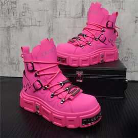 秋冬季朋克风靴子金属韩版潮流马丁靴炸街个性轻奢牛仔靴高帮男鞋