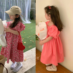 Sweet princess dress with floral pattern and solid color, square neck, for girls, 24 summer new model, foreign trade children's clothing, drop shipping
