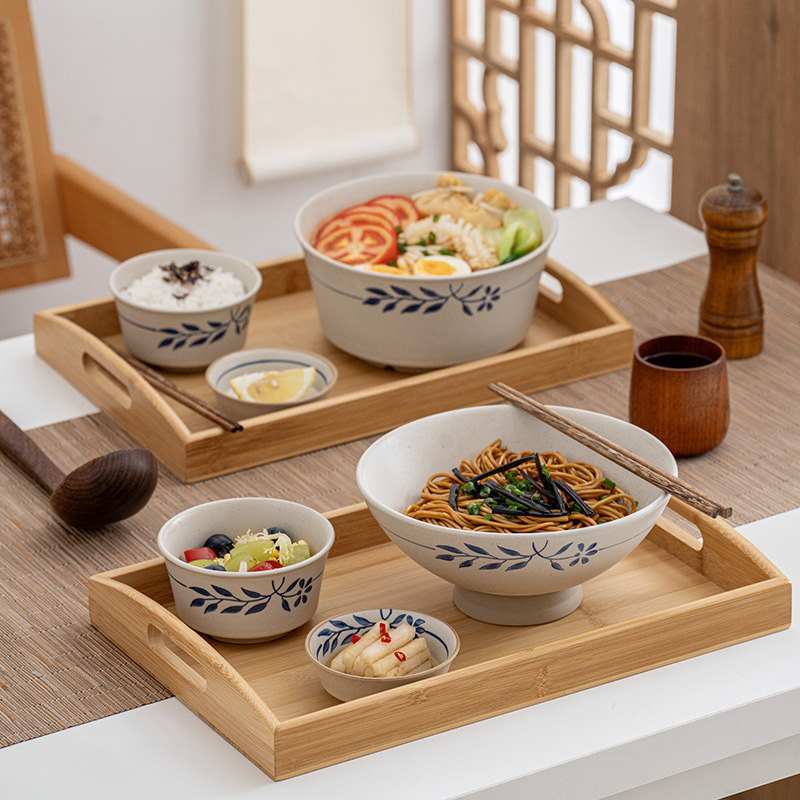 Japanese-style ramen bowl with tray commercial noodle shop vintage stoneware tableware Chinese-style one-person food bowl dish suit household Japanese-style ramen bowl with tray commercial noodle shop vintage stoneware tableware Chinese-style one-person food bowl dish suit household
