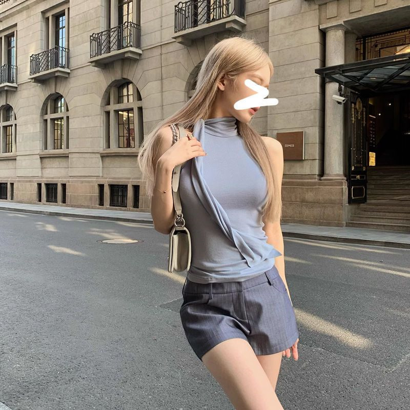 Fashionable Western Style Design Sense Strap High Neck Vest Women's Summer Hot Girl Sexy Slim-fit Slimming Short Top Clothes