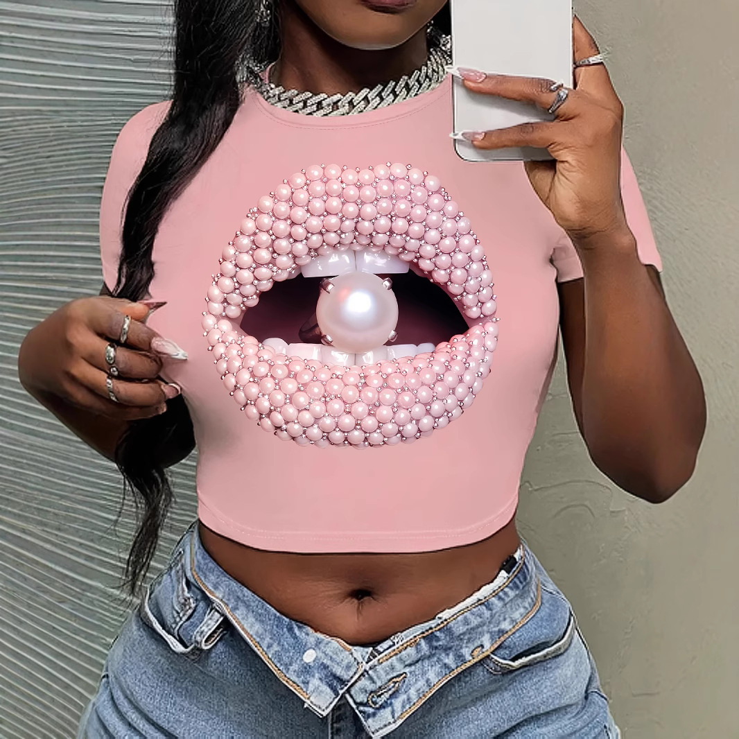 现货嘴唇珍珠嘴唇图案设计印花圆领领t恤y2k短袖露脐衬衫春夏季