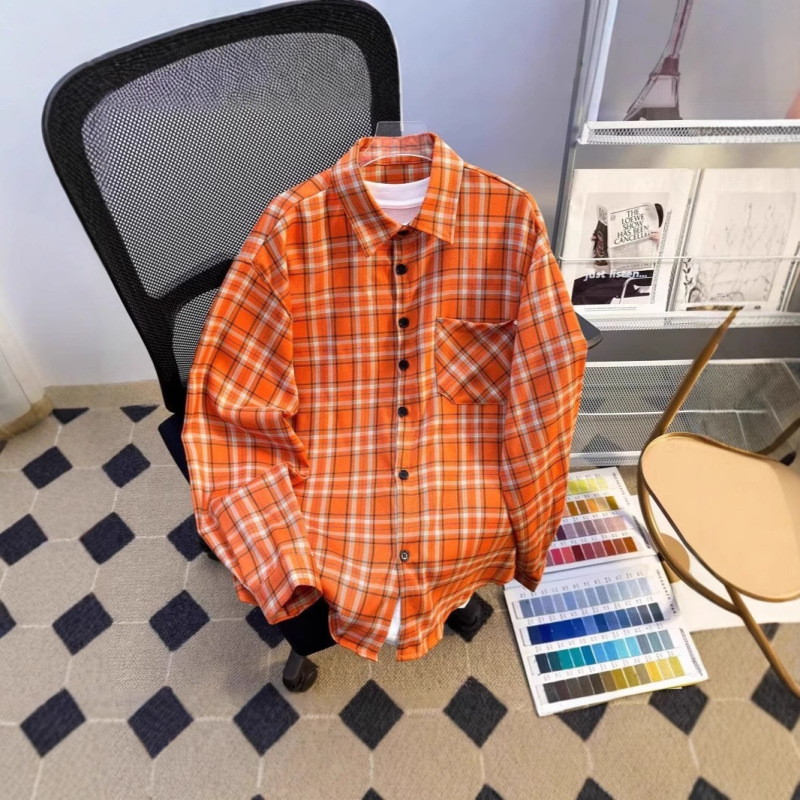Vintage Plaid Design Long-Sleeve Shirt for Men and Women, Niche Loose Casual Pocket Design Orange Shirt Jacket