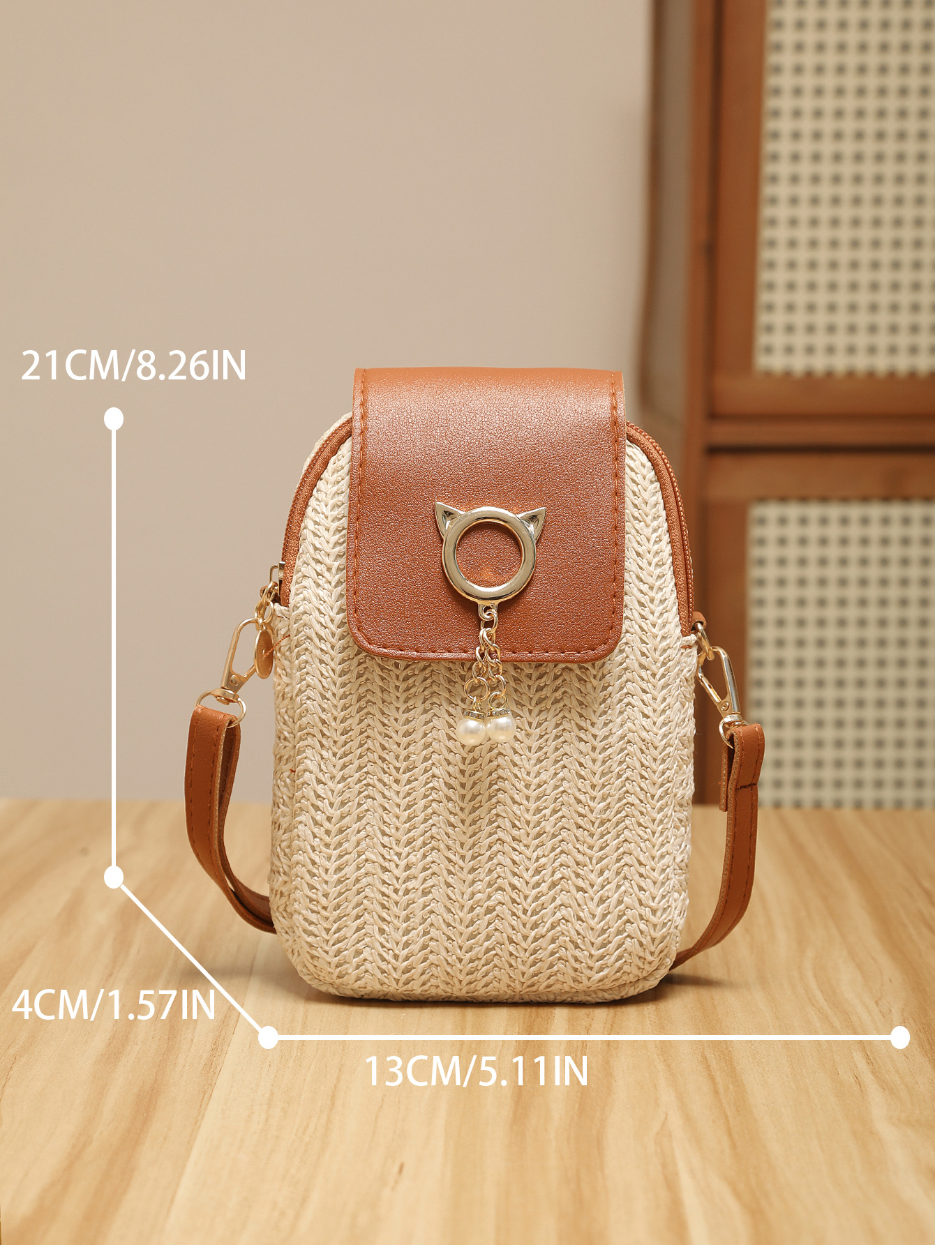 Trendy Straw Mobile Phone Pearl Tassel Bag