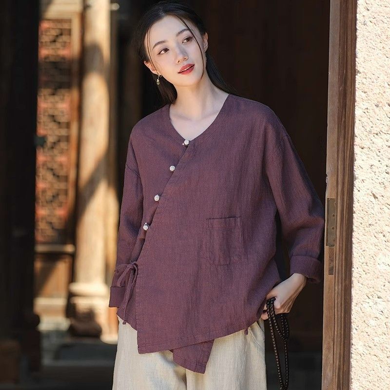 复古盘扣上衣女2025新文艺禅意茶服春秋旅拍系带外套短款棉麻开衫|undefined