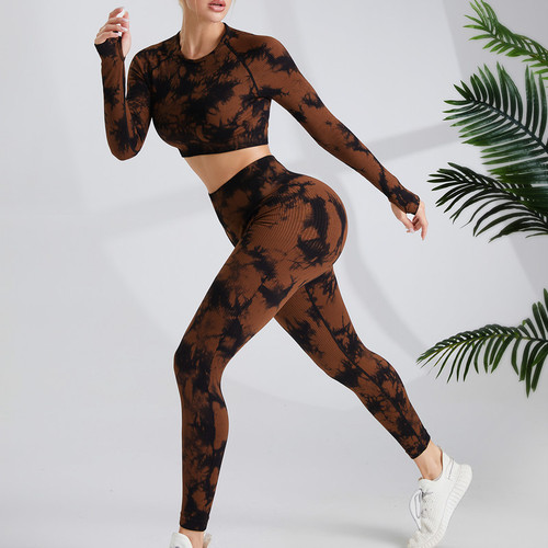 Tie-dye yoga long-sleeved suit, high-waist hip-lifting tie-dye yoga pants for women, sportswear, running fitness wear, yoga wear
