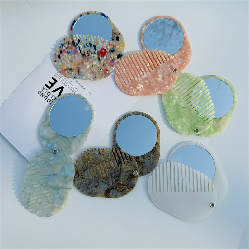 厚みのある折りたたみ式ポータブルツーインワン化粧鏡、ヘアコーム、折りたたみ式コーム、一体型ミラー、ポータブルアセテートボードコーム|undefined