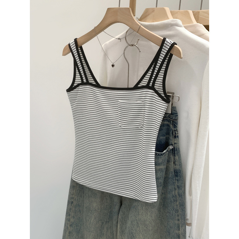 Korean-Style Ins Lyocell Tencel Slim-Fit Pocket Design Striped Tank Top Summer 2026 New Model for Art Students and Young Girls Korean-Style Ins Lyocell Tencel Slim-Fit Pocket Design Striped Tank Top Summer 2026 New Model for Art Students and Young Girls