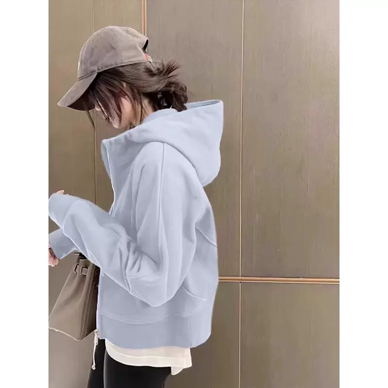 蓝色短卫衣外套女春秋2025新款连帽早春chic上衣小个子初春季穿搭