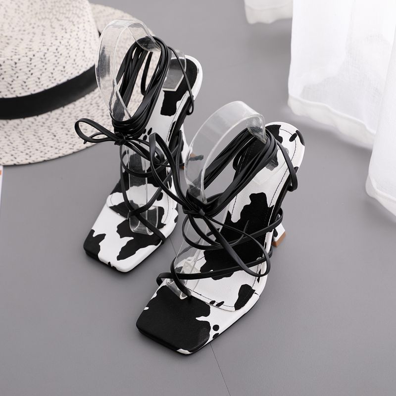 printed square toe straps open toe high heel sandals NSGXL117327