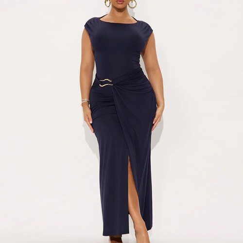 European and American Style Summer New Women's Fashion Charming Solid Color Crew Neck Slimming Sheath Dress with Slits