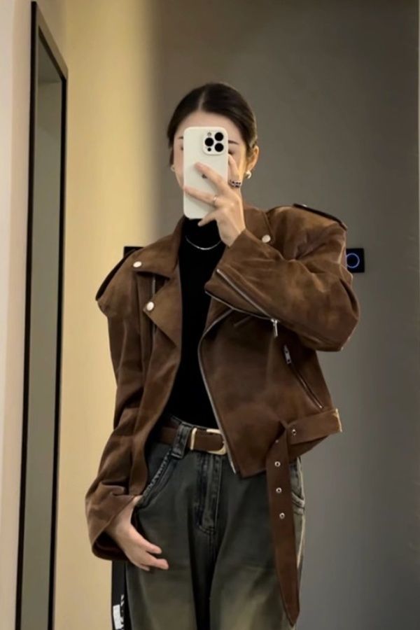 Brown Suede Leather Jacket for Women in Autumn and Winter New Design Niche Short American Retro Motorcycle Jacket