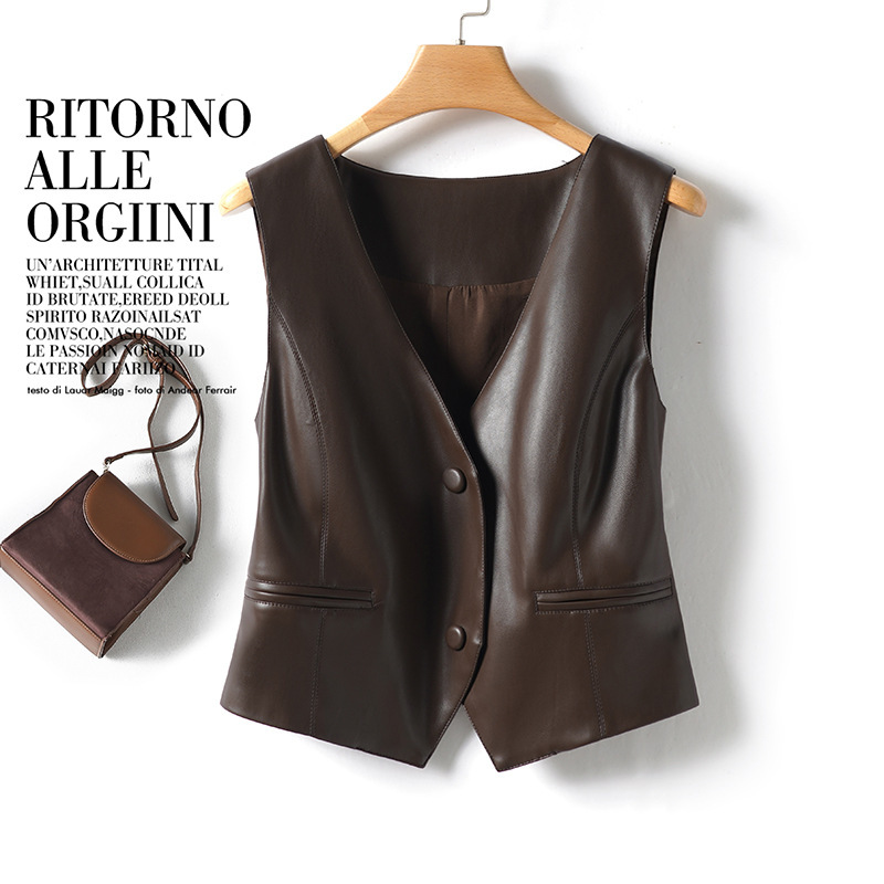 Haining Genuine Leather Vest for Women 2025 Spring New Sheepskin Vest Waistcoat V Neck Slim Slim Versatile Vest