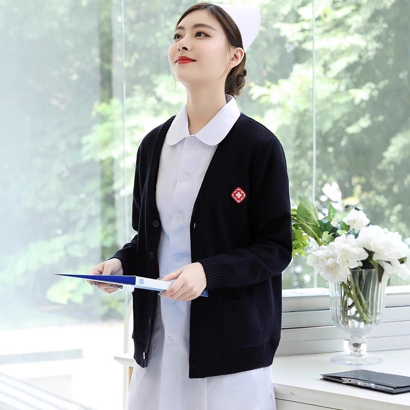 Nurse Sweater Jacket Cardigan Doctor Knitwear with Embroidered Logo Nurse Uniform Fleece-Lined Thickeneded Outer Work Clothes