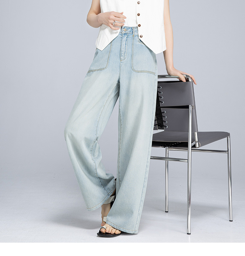 Quần jean ống rộng nữ cạp cao chất Tencel cotton mỏng mùa hè — Xanh lam nhạt cổ điển chi tiết 4