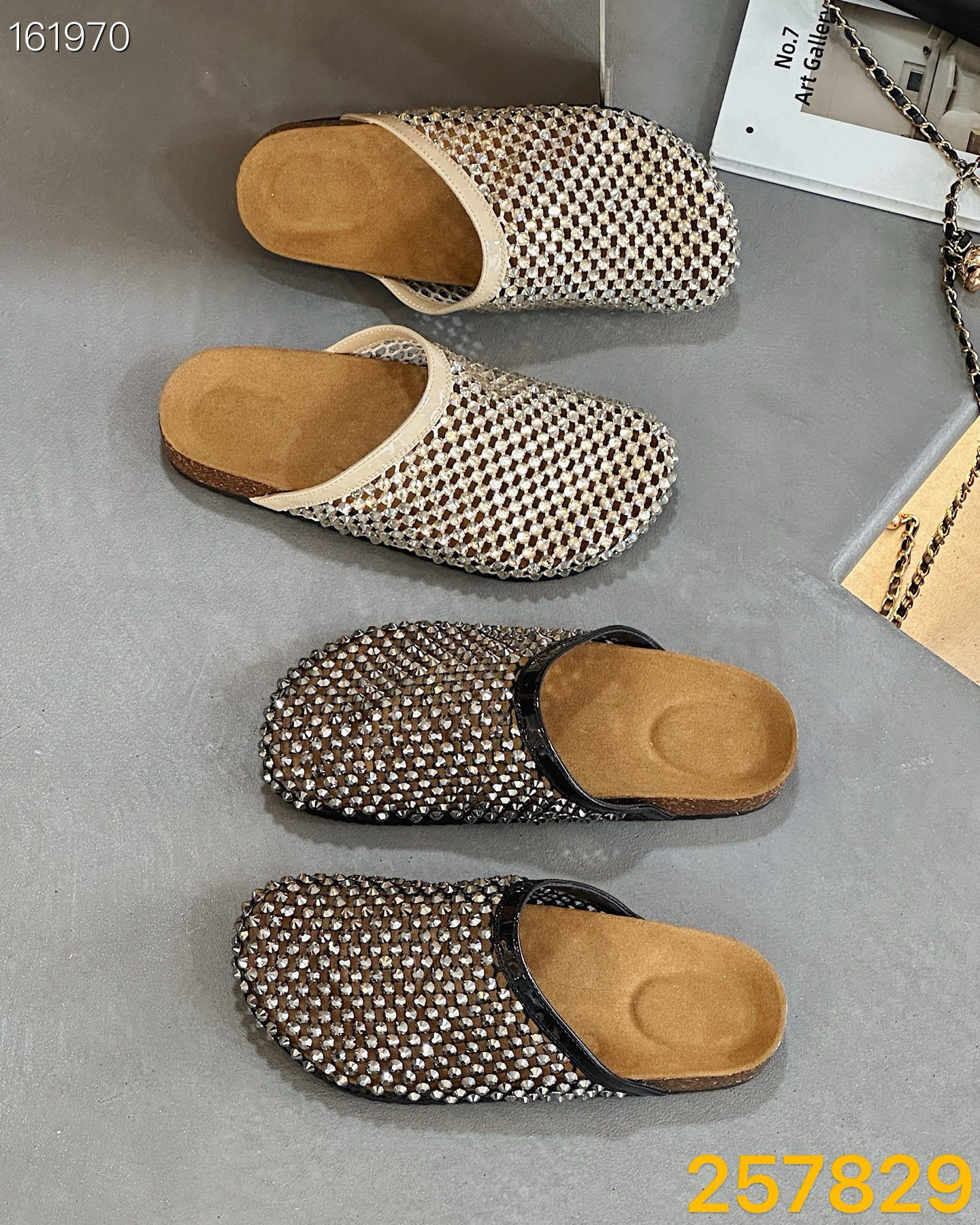 Sandal nữ mũi nhọn đính đá lưới thoáng khí da thật phong cách châu Âu — vàng chi tiết 9
