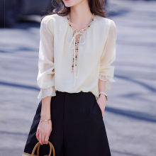 时尚文艺风半开领撞色拼接温柔莱赛尔上衣25年法式复古设计感衬衫