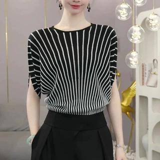 针织潮流时尚拼接条纹宽松遮肚子2025年春夏新款蝙蝠袖圆领小衫