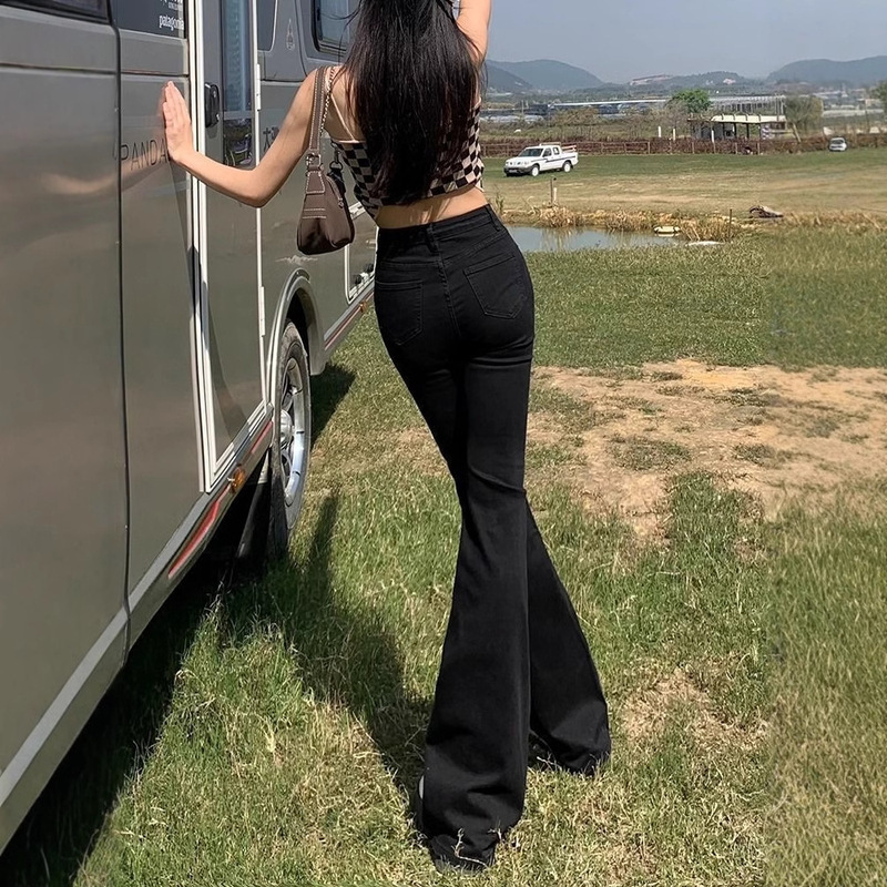 黑色微喇叭牛仔裤女秋季2025设计感小众高腰显瘦弹力拖地裤子ins|undefined