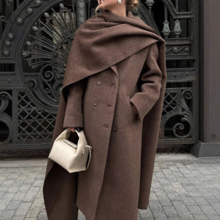 2024 European and American Cross-border Scarf Collar Coat Coat Cloak Long Retro Coat Coat Grey Autumn and Winter Fashion