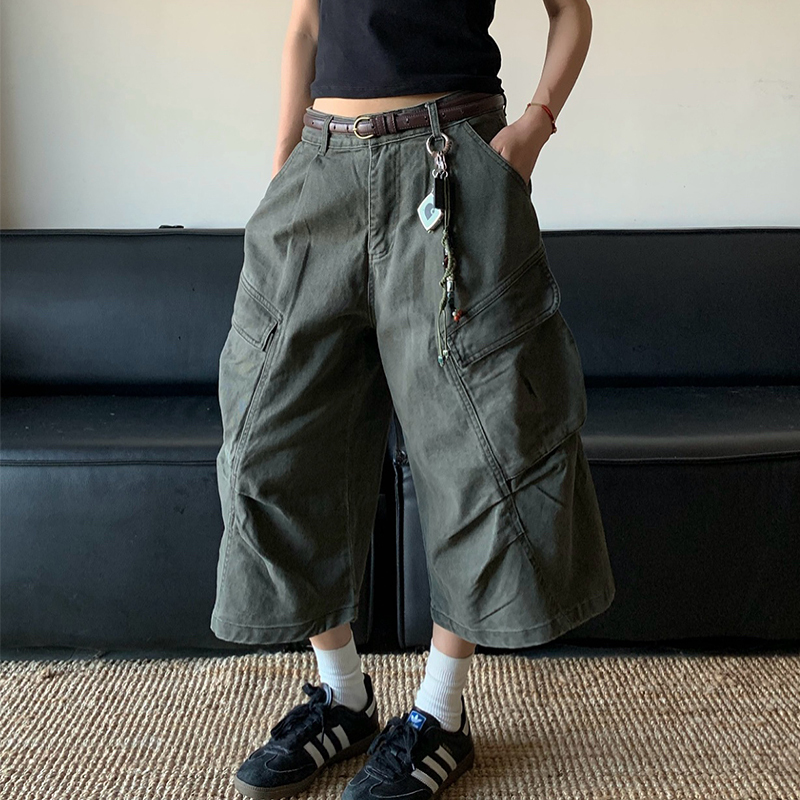 Wholesale American Retro Multi-Pocket Cargo Pants Casual Pants Unisex Loose Cropped Pants Wide-Leg Shorts Trendy