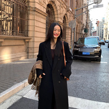 pusumede 黑色毛呢外套女秋冬韩系中长款高级感气质宽松羊毛大衣