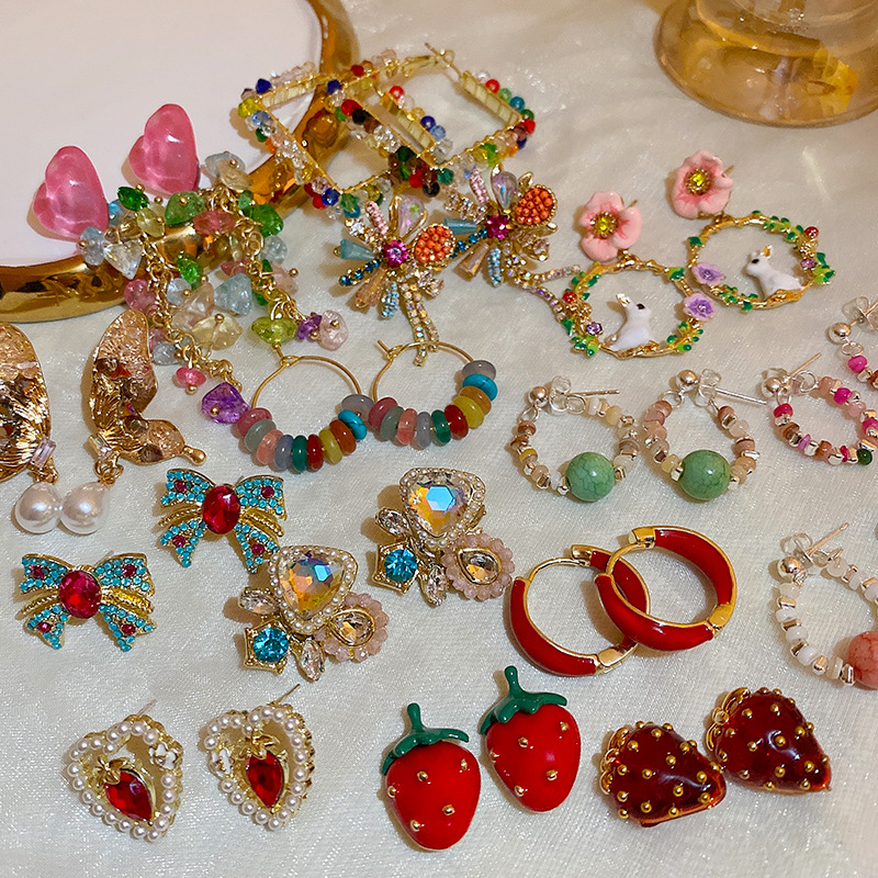 1 Paire Style Ig Sucré Fleur Fraise Papillon Placage Incruster Alliage Strass Boucles D'oreilles display picture 1