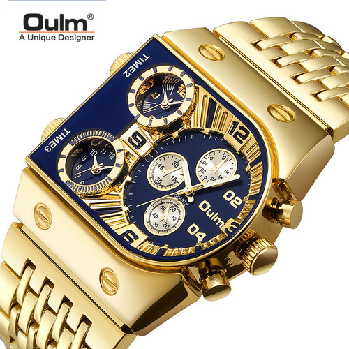 Oulm new multi-time zone large dial luminous men's watch steel band casual cross-border quartz watch gold
