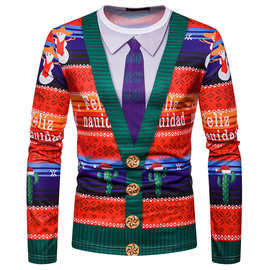 新款3D个性假两件印花时尚男士圣诞节长袖T恤 CT474