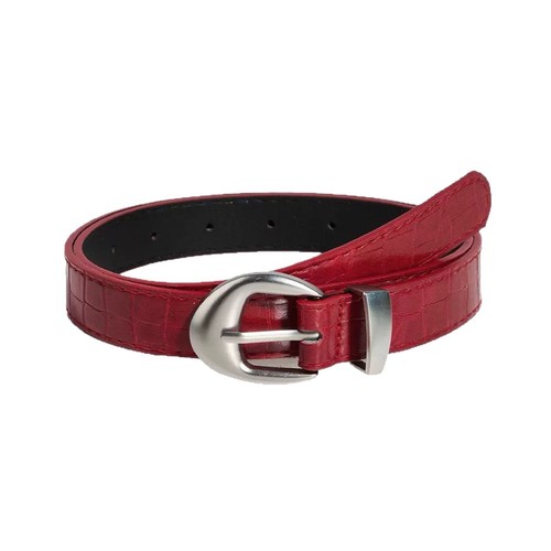 Red vintage-style niche commuter belt for women—fashionable accessory that complements skirts and denim jeans.