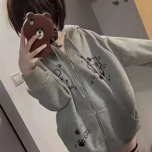 Japanese cute soft girl spring autumn winter cartoon cat hooded sweatshirt women versatile outerwear