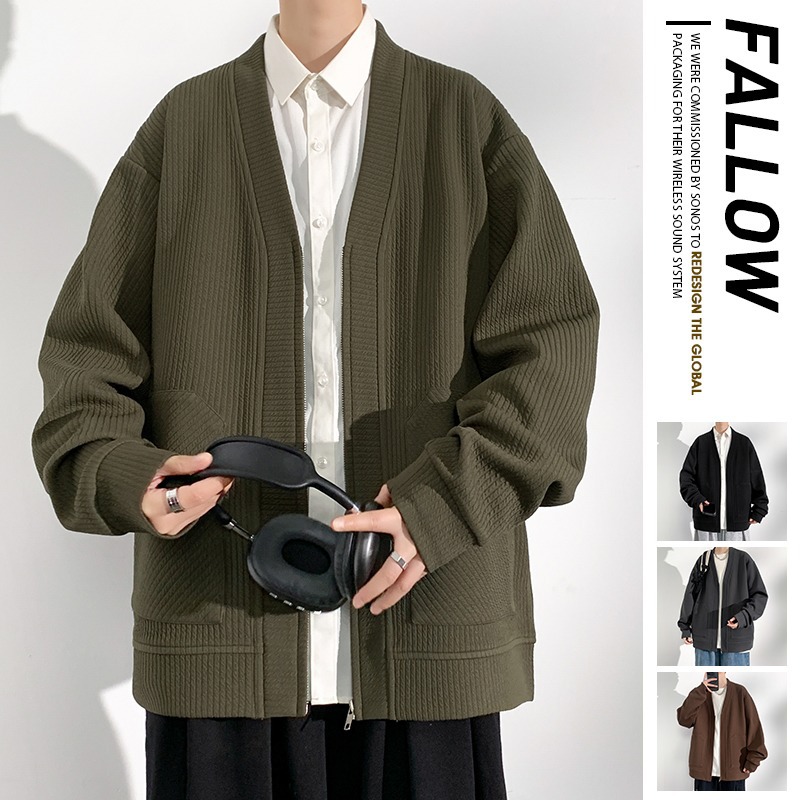 Primavera y otoño estilo de moda suelto sin cuello Cardigan chaqueta de color sólido chaqueta casual camiseta de punto de hombre