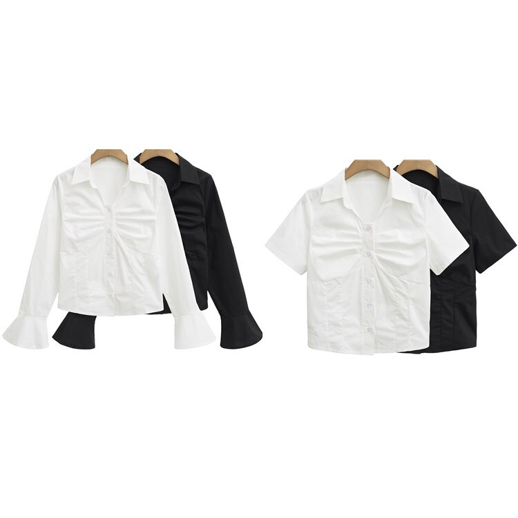 Spring High-End White Shirt Women's Design Niche 25 Summer Sun Protection Slim Pleated Long and Short Sleeve Short Shirt
