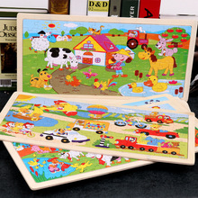 原木边框96片木质拼图 儿童动物卡通平面拼图 早教益环保木制玩具